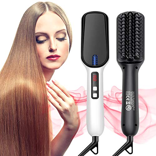 Straightening Brush, BQYPOWER Hair Straightener Iron Brush with Negative ions Anti-scald Faster Heating MCH + PTC Ceramic Technology 110-240V Travel Size Auto Shut Off and Physical Temperature Control