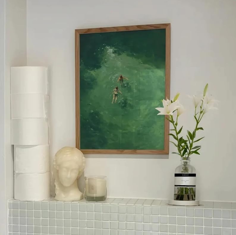Tableau abstrait lac vert toile tendue cadre intérieur robuste