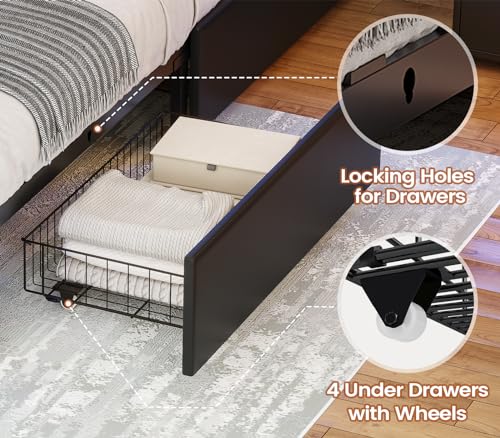 Image of AOGLLATI Twin Bed Frames with 4 Storage Drawers & Headboard, Led Bed Frame Twin with Charging Station, Upholstered Twin Bed with Storage, No Box Spring Needed, Black