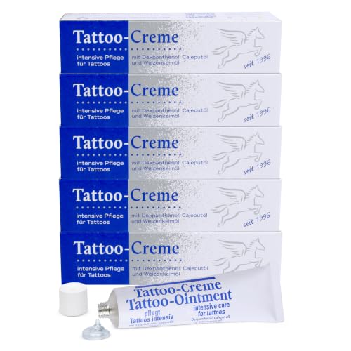Pegasus Pro Tattoo-Creme 5er-Set, Tägliche Pflege & Aftercare, Feuchtigkeitsspendend mit Cajeputöl, je 25ml - Optimaler Tattooschutz, Made in Germany
