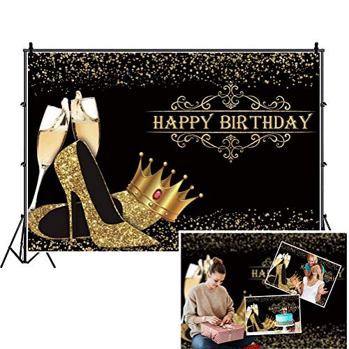 DASHAN 7x5ft Polyester Happy Birthday Backdrop Heels Sequins Princess Gold Crown Black and Gold Flash Sequins Photography Background Women Champagne Girl Birthday Quinceanera Party YouTube Photo Props