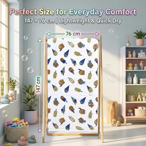 Image of Mafatlal Coo Coo 100% Cotton Kids Bath Towel (147x73 cm) | 250 GSM | Soft, Lightweight & Quick-Dry | Fun Cartoon Print | Multicolor | Perfect for Everyday Use | Pack of 1