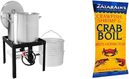 Creole Feast SBK1001 Kit de hervir mariscos con colador, caldera de gas propano de aluminio para exteriores con regulador de 10 PSI, plata y