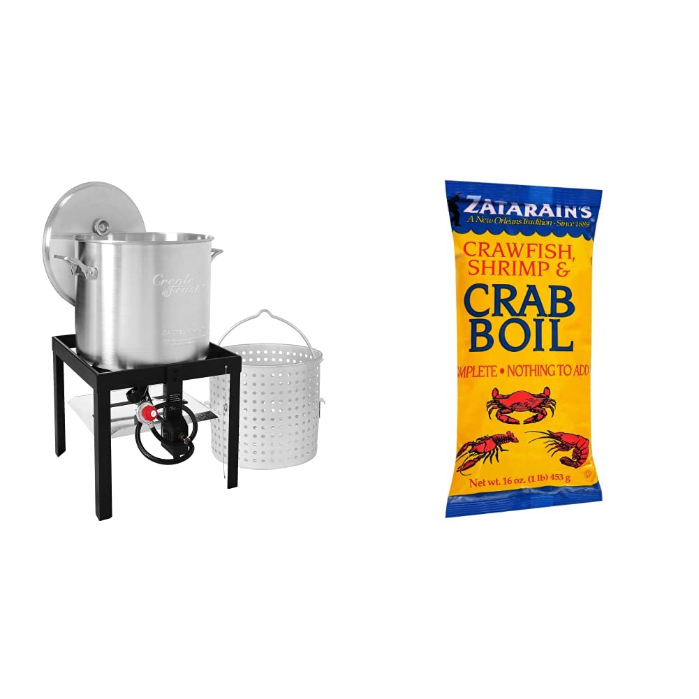 Creole Feast SBK1001 Seafood Boiling Kit with Strainer, Outdoor Aluminum Propane Gas Boiler with 10 PSI Regulator, Silver & Zatarain's Crawfish, Shrimp & Crab Boil, 16 oz