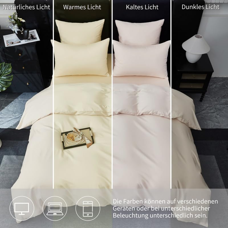 Gezu Biancheria da letto 200 x 220 cm, in raso di cotone makò, 100% cotone, 3 pezzi, traspirante, morbido, copripiumino 200 x 220 cm e federa 80 x 80 cm, con chiusura lampo