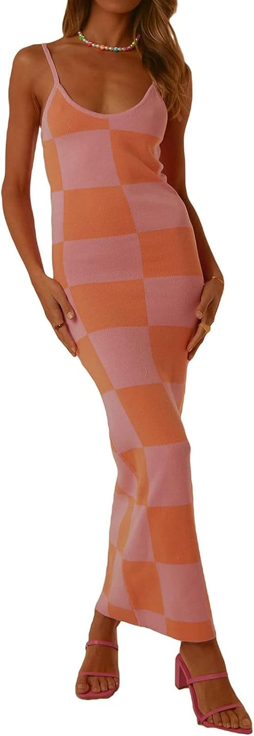 Melliflo Womens Sleeveless Maxi Tank Dress Spaghetti Strap Pattern Print Long Bodycon Dress Sexy Slim Cami Dress