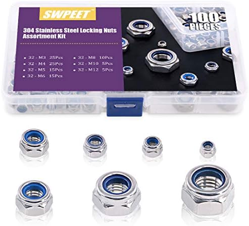 100Pcs 304 Stainless Steel Metric Lock Nut Assortment Kit Perfect for Lock Washers, Nylon Insert Locknut M3 M4 M5 M6 M8 M10 M12