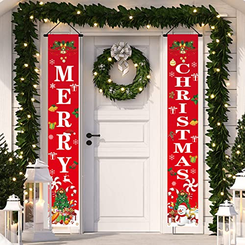 Udten Christmas Porch Sign - Merry Christmas Door Banner Decoration Christmas Tree Snowman Backdrop For Winter Xmas New Year Party Outdoor Indoor Front Porch Hanging Decoration(70.8" X 11.8") #TOP6