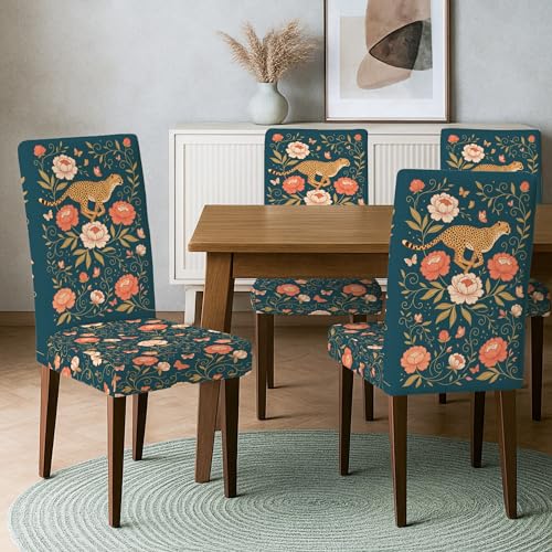 Housses de chaise lavables bleu sarcelle motif feuille et élasthanne extensible - 6