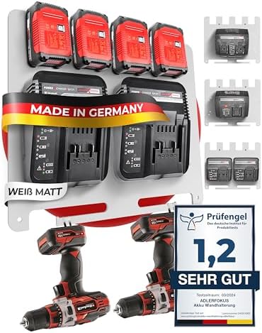 Adlerfokus Wandhalterung für Einhell Akkus & Ladegeräte [MADE IN GERMANY] | Akkuhalter Wandhalterung mit Premium Montagematerial - Akku Wand Halterung 18V - Einhell Akku Halterung