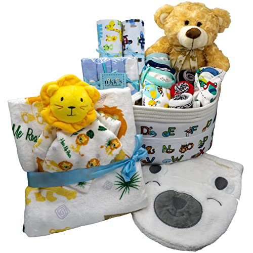 Joyful-Arrival-Deluxe-Baby-Boy-Gift-Basket-Baby-Layette-Set-with-20-Piece-Premium-New-Baby-Essentials-Canvas-Diaper-Tote-Baby-Gift-Set-for-Expecting-Moms-Baby-Showers | Free Flower Delivery