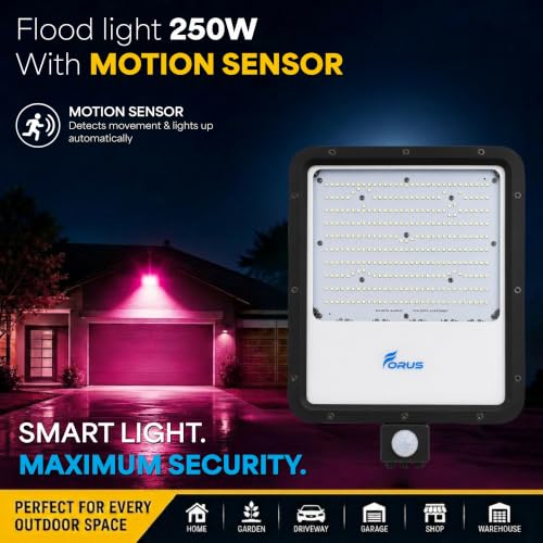 Image of Forus 250W LED Flood Light Pink with Motion Sensor Auto On Off Day Night Mode Waterproof Outdoor Security Light for Garden Parking Garage Factory Warehouse Shop High Bright Floodlight 4Yr Warranty-1Pc