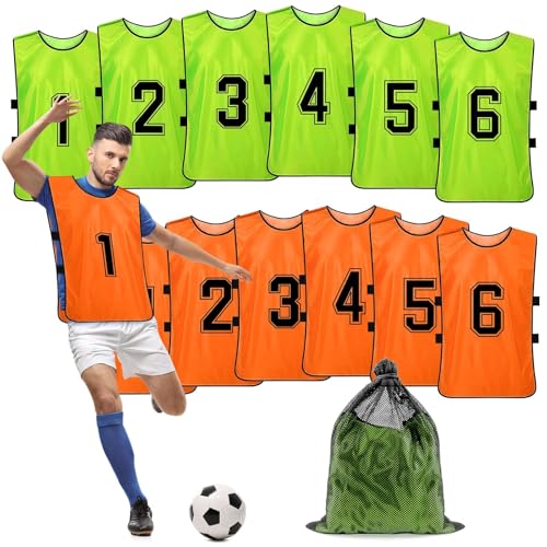 Chasubles de Football Adulte – Lot de 12 Gilets d’Entraînement Réversibles Numérotés pour Matchs et Sports d’Équipe – Maillots Respirants pour Foot, Basket, Volley – Vert/Orange
