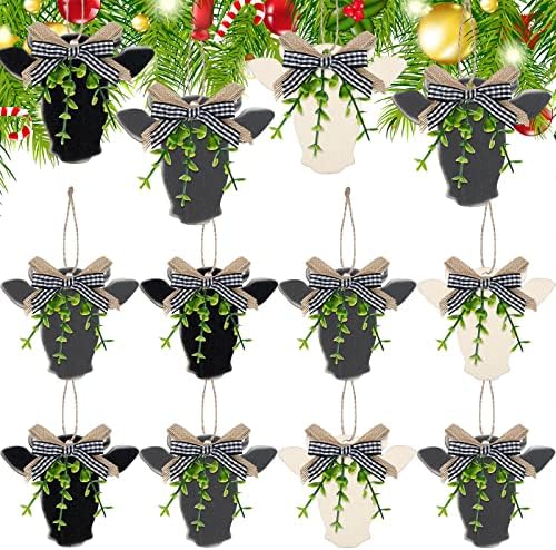 12 Pieces Cow Christmas Ornament Hanging Christmas Decorations Wooden Rustic Cow Farmhouse Ox Craft Ornaments for Xmas Trees Door Display Decor (Classic Style)