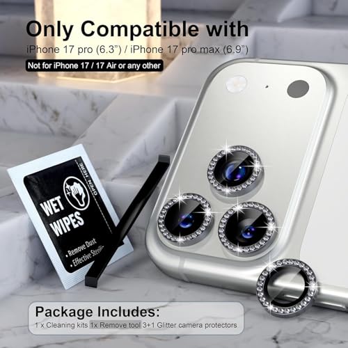 Image of Choiche Compatible for iPhone 17 Pro /iPhone 17 Pro Max Camera Lens Protector Bling, 9H Tempered Glass Camera Cover Screen Protector Metal Ring Decoration Accessories (Diamond-Black)