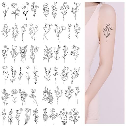 Aikeis 50 tatuaggi temporanei di fiori neri per uomini donne bouquet piccoli adesivi temporanei per tatuaggi di piante selvatiche