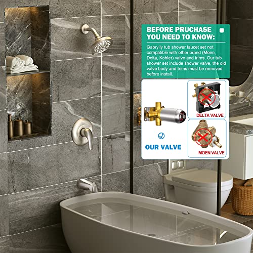 Gabrylly Shower Tub Kit,Tub And Shower Faucet Set With 9-Setting Rain Shower Head And Tub Spout, Single-Handle Tub And Shower Trim Kit, Shower Valve Include,Brushed Nickel #TOP1