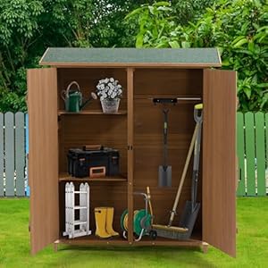 Ball Cast 64 Fir Wood Outdoor Storage Shed with Lockable Door and Detachable ShelvesWeatherproof Tool Shed wPitch RoofShelter House for Pool Supplies Lawn Maintenance EquipmentYellow Brown