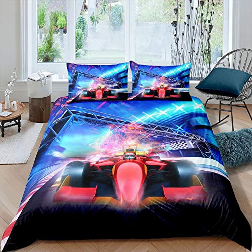Racing Car Comforter Cover Formula 1 Race Bedding Set Extreme Speed Racer Duvet Cover For Kids Teen Boys Young Man Champion Red Vehicle Quilt Cover With 2 Pillow Cases Bedroom Decor Double Size