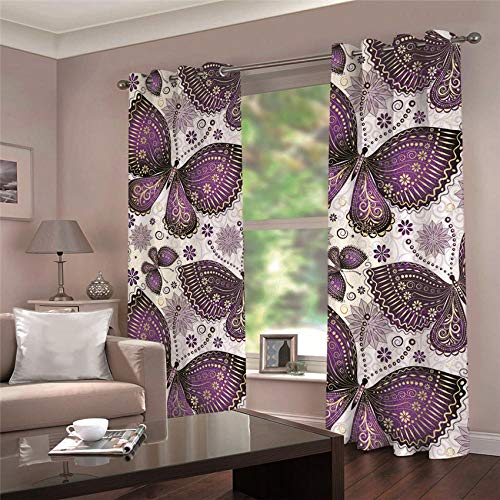 ARTEZXX Cortinas Mariposa Morada Grande Opacas para Salon Telas Térmicas Aislantes Dormitorio Oficina Comedor/Antimoscas Proteccion Privacidad 2 Piezas - 2 x 110 x 215 cm