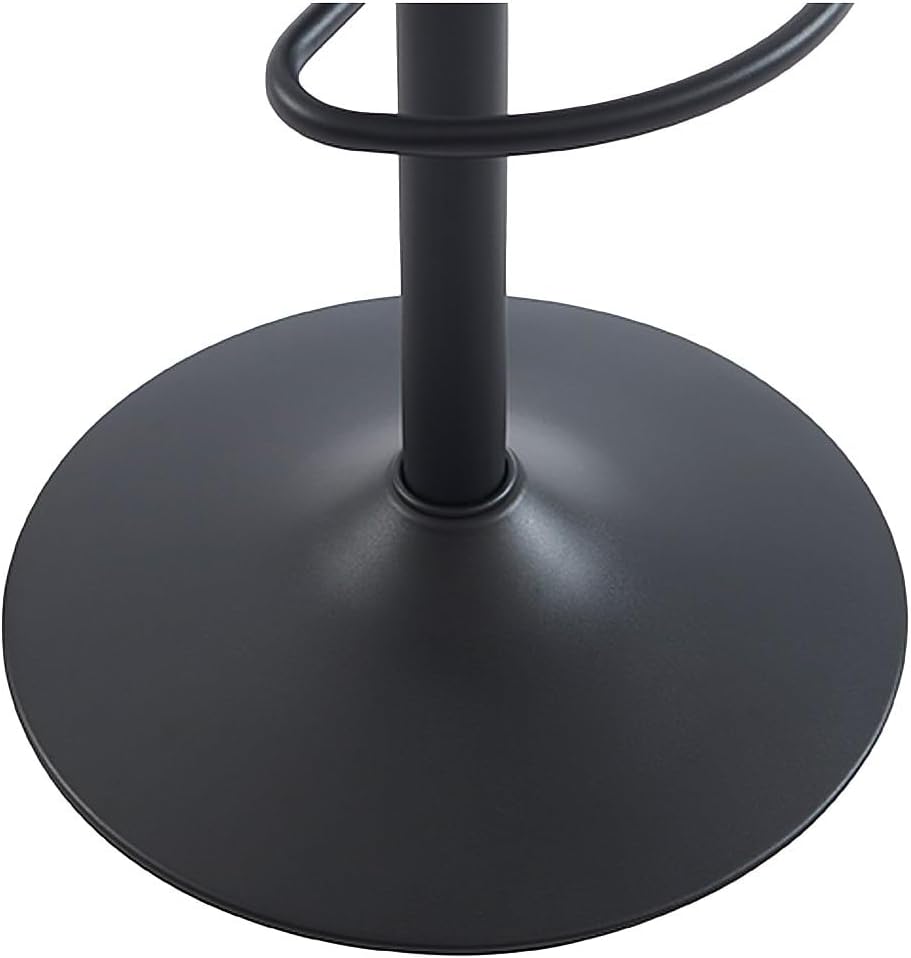 Close-up of the black metal base of the bar stool with the gas lift cylinder inserted.