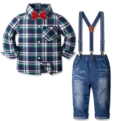 Nwada Toddler Boy Dress Clothes Kids Fall Outfit Suits Plaid Dress Shirt, Denim Jeans Pants Sets with Bow Tie, Suspenders
