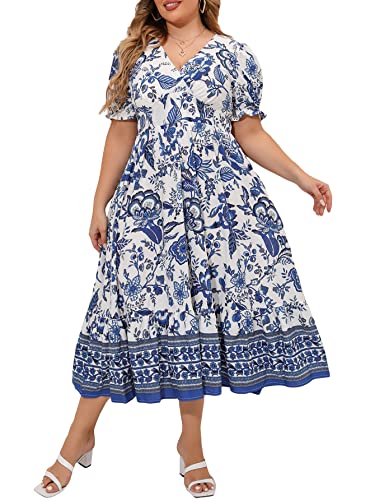 MakeMeChic Women's Plus Size Summer Floral Maxi Dresses Curvy Short Sleeve Shirred Boho Beach Wedding Long Dress Blue and White Large Plus
