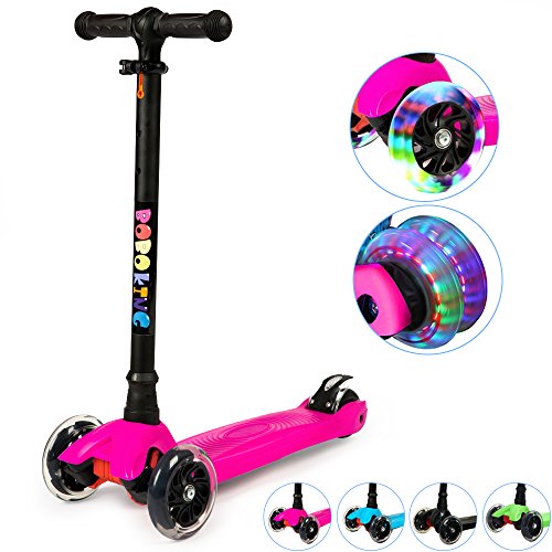 BOBOKING Scooter Kids, 3 Wheel Adjustable Height Deluxe Kick Scooter LED Light Up Wheels, Wide Deck Children from Age 2 to 14, Surface-Safety Balance Technology