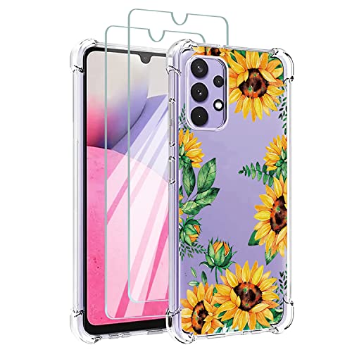 Niboow Coque Compatible avec Samsung Galaxy A33 5G, [avec 2 pièces 9H Verre Trempé] Fleur Motif Etui de Protection Antichoc, Femmes Fille TPU Souple Housse pour Samsung Galaxy A33 5G-Tournesols Cover