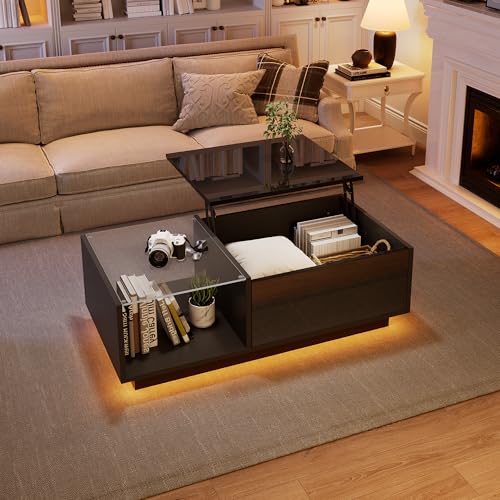 OKMYHOME Table Basse Relevable avec LED, Noire, 100 × 50 cm