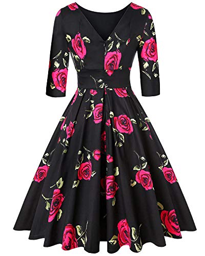 Mintlimit Elegant Womens New 50S Summer Dress Rockabilly Rose 3/4 Sleeve Vintage Dress Retro Cocktail Dress Floral Rose Black And Red,Size L #TOP2