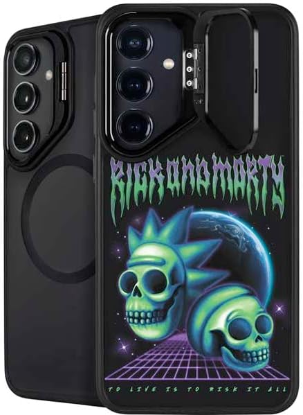 Skinit Kickstand Phone Case Compatible with Galaxy S24 - Officially Licensed Adult Swim Rick and Morty Neon Skulls Design