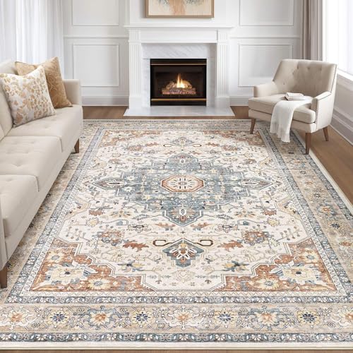 12x15 Area Rug Living Room: Washable Boho Large Neutral Vintage Soft Rugs Stain Resistant Distressed Farmhouse Non-Slip Indoor Floor Carpet for Bedroom Nursery Kids Office Dining Room- Beige Blue