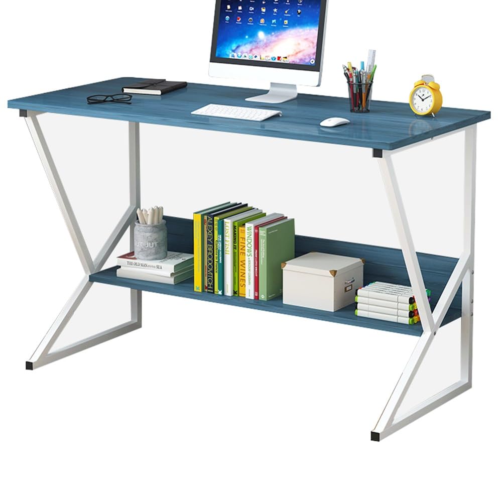 Drewniane proste biurko łatwy w montażu metalowy i drewniany stół do pisania z półką na książki idealny do domowego biura niebieski 120 x 45 x 72 cm