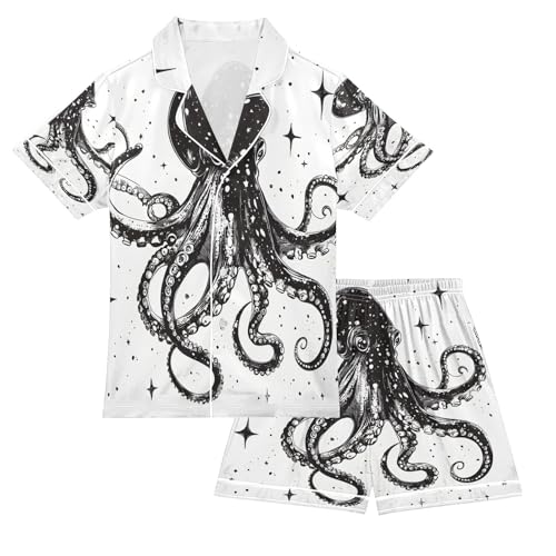 ALAZA Black Octopus Star White Satin Pajamas Set Short Sleeve Button Down Sleepwear Summer Pjs 2 Piece