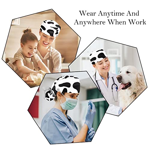 Image of 2 PCS Bouffant Cap with Button Ponytail Pouch Working Cap Sweatband Adjustable Surgical Cap Black and White Cow