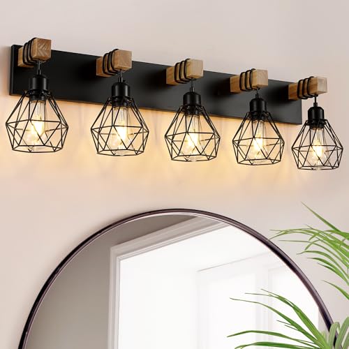 Farmhouse Vanity Light for Bathroom, 5-Light Wood Bathroom Vanity Light