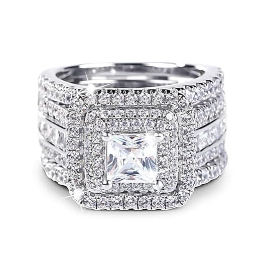Jeulia 3 PC Enhancer Ring Set for Women 925 Sterling Silver Princess Cut Diamond Engagement Rings Cubic Zirconia Halo Solitaire Wedding Rings Anniversary Promise Rings for Her with Jewelry Box (Silver, 7)