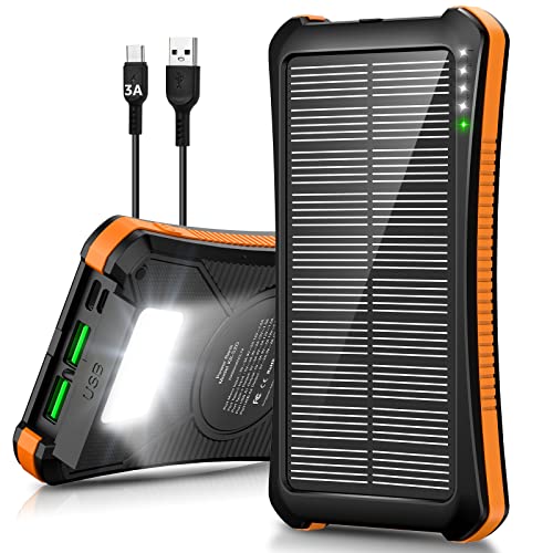 Portable Charger 20000mAh Power Bank Fast Charging PD 18W Solar Charger with 3A USB-C Cable Slim Light Power Pack with LED Flashlights Solar Power Bank for iPhone Samsung etc.