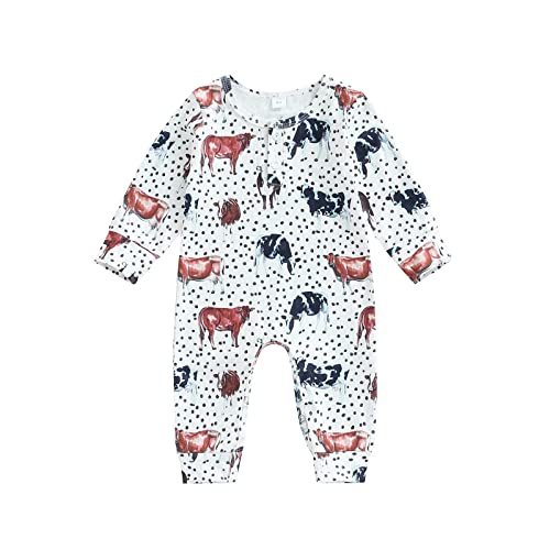 Image of Lamuusaa Newborn Baby Girl Boy Romper Long Sleeve Cow Print Bodysuit One Piece Ribbed Jumpsuit Fall Outfits