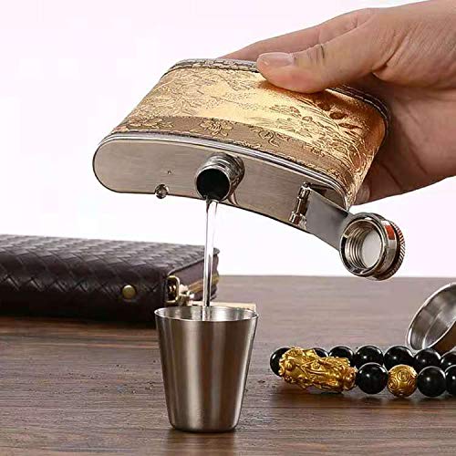 Golden Pattern 8 Oz Gift 100% Stainless Steel(304/18-8 Ss).Bonus 2 Shot Glass+1Funnel+1Giftbox.flask Leak Proof Tested.flask For Liquor/Alcohol.flask For Men/Women #TOP3