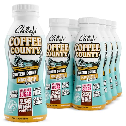 Boisson protéinée - Chiefs Milkshake Macchiato - Sans sucre ajouté et sans lactose - Riche en protéines avec 25 g de protéine - Bouteilles de 8 x 330 ml - Délicieux goût crémeux