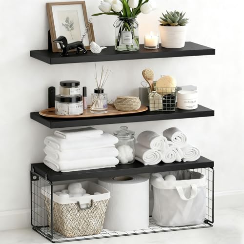 Lista de Dib los 5 mejores. 43 ABENNLY 3 Piezas Estantes Flotantes con Cesta de Alambre, Repisas Flotantes de Pared,Decoración de Pared,para Sala de Estar, Dormitorio,Estudio,Oficina, Baño (Nergo)