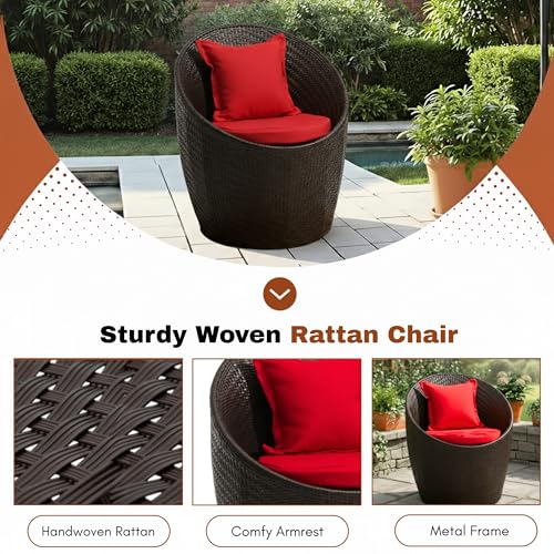 Image of DEVOKO Rattan 3-Piece Outdoor Patio Furniture Set With Cushions & Coffee Table For Garden, Deck, Lawn, Poolside, Terrace, Balcony (Dark Brown & Red)
