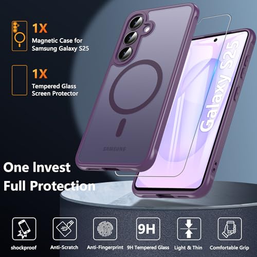 Image of OWKEY Magnetic for Samsung S25 Case, Samsung Galaxy S25 5G Magsafe Case with Screen Protector Protective Shockproof Rugged Military Grade Drop Protection Phone Case for Samsung Galaxy S25 (Purple)