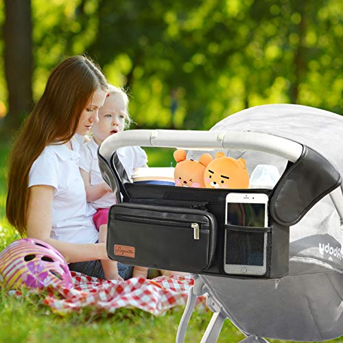 Waterproof Universal Stroller Organizer with Insulated Cup Holders, Lupantte Premium Leather Oil-Resistant Baby Stroller Organizer Fit for Britax, Graco, Baby Jogger, BOB Stroller, etc. Easy to Clean
