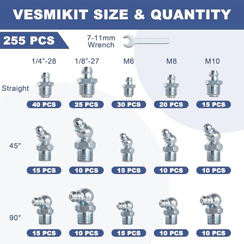 255PCS Grease Fittings Assortment,SAE & Metric Grease Zerk Fittings 1/4" 1/8" M6 M8 M10 straight 45 90 degree with Wrench Kit(7-11mm) for Grease Gun,Fit Tractor Vehicle Excavator Trailer Equipment by Vesmikit - Image 2