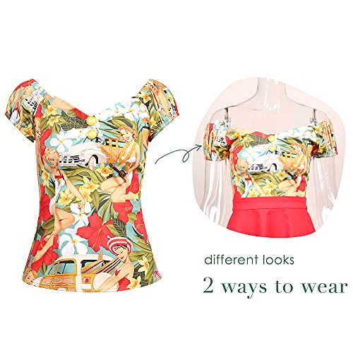 Image of YARN & INK Women's Rockabilly Tops 1950s Pinup Shirt Casual Off Shoulder Vintage Blouse