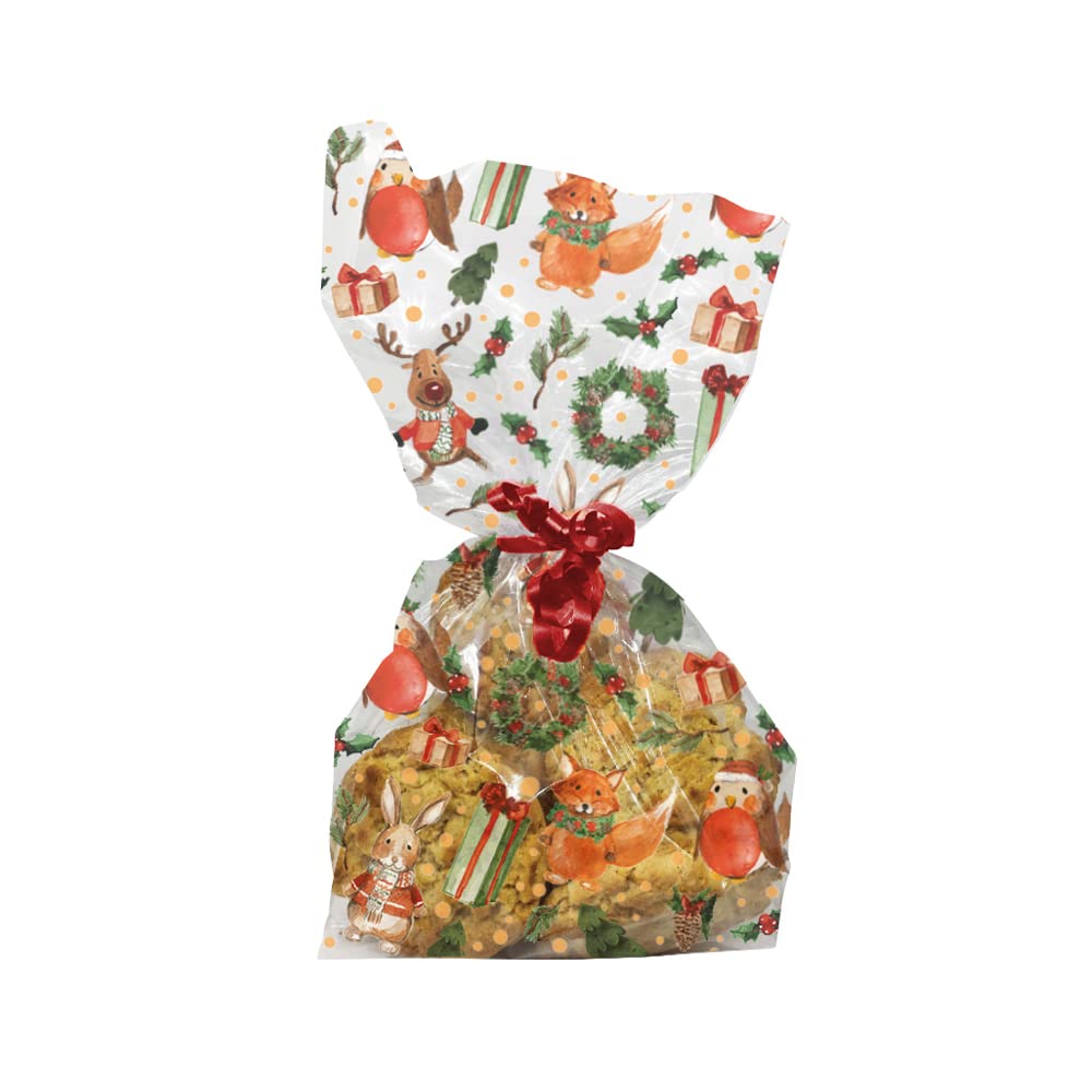 Anniversary House 20pcs Festive Woodland Animal Cellophane Bags - Clear Treat Bags with Twist Ties - Food-Safe & BOPP Plastic Bag for Cookies, Sweets, Party Favours & Christmas Gifting
