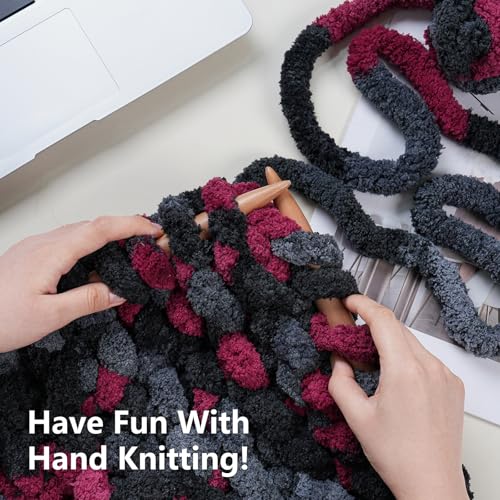 Image of Cozyful Chunky Yarn for Hand Knitting - #10 Chunky Chenille Blanket Yarn, Jumbo Big Thick Chunky Yarns for Crocheting, Tie Dye Bulky Knit Yarns, 8 Skein (20 yds 8 oz Each Skein), Grey & Black & Red